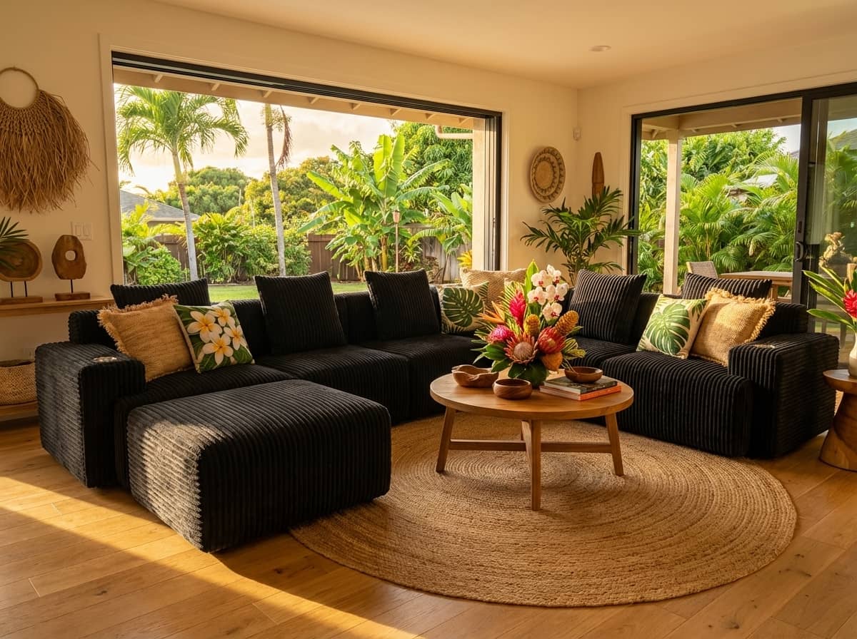 Black corduroy cloud sofa in a Southern California living room