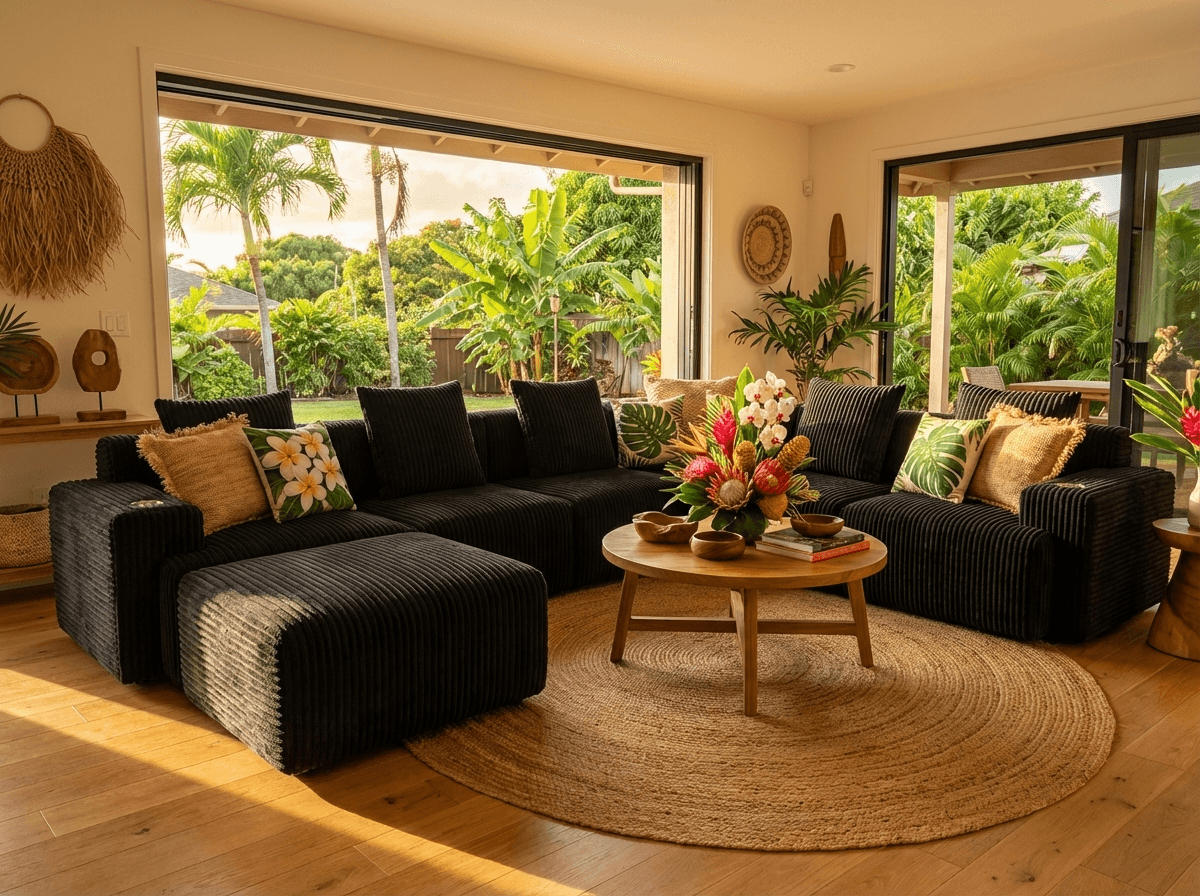 Black corduroy cloud sofa in a Hawaiian living room