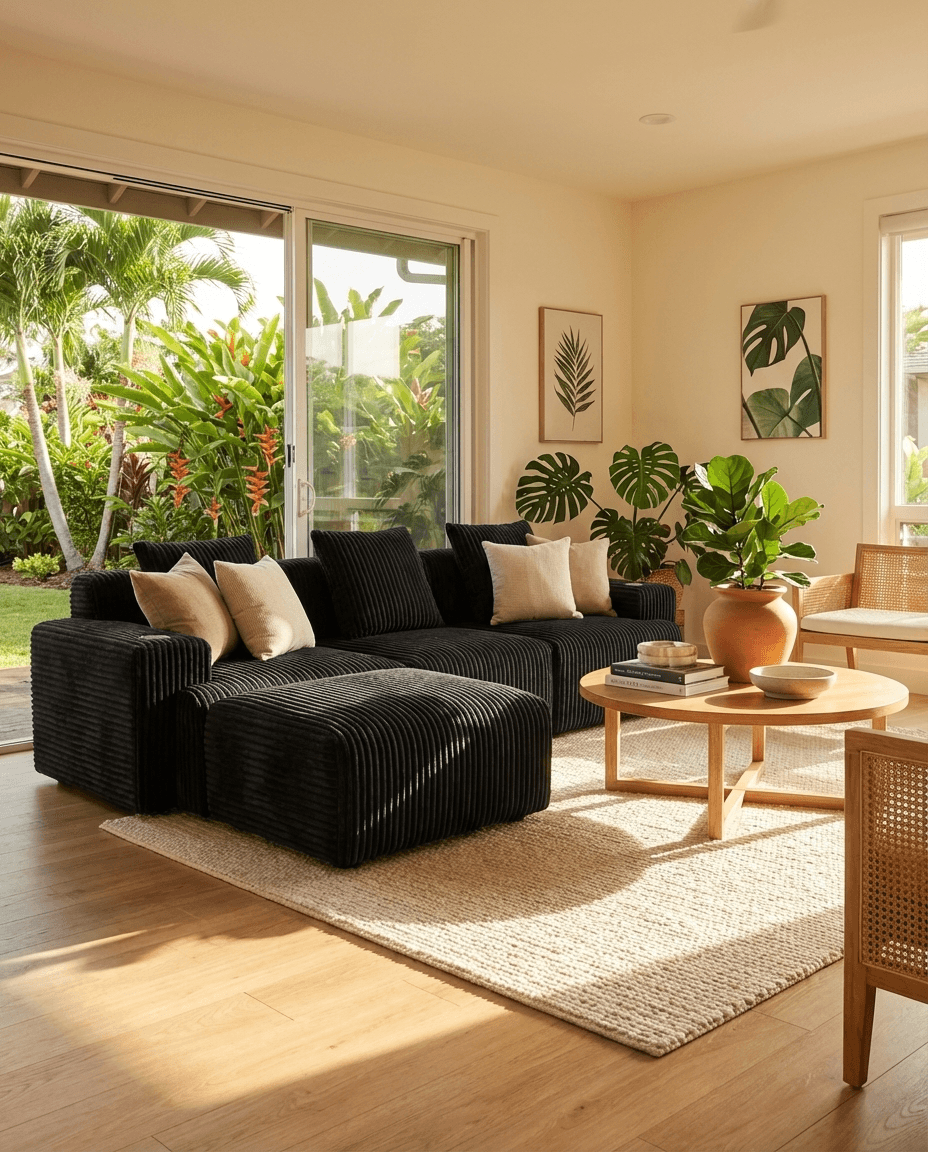 Cloud sofa in a bright Airbnb rental with tropical plants
