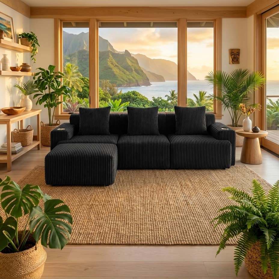 Cloud sofa in a bright coastal living room with ocean view