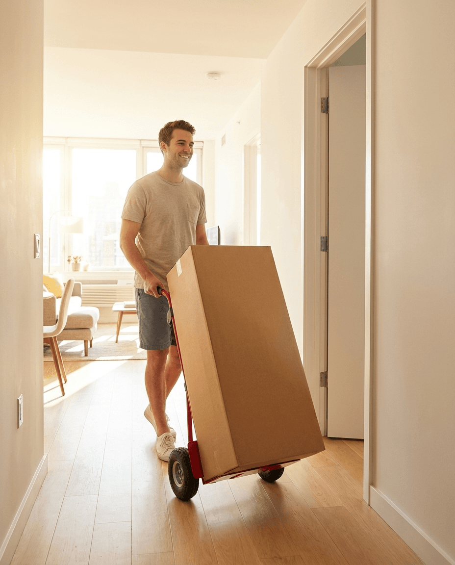 Person easily moving sofa box through a hallway