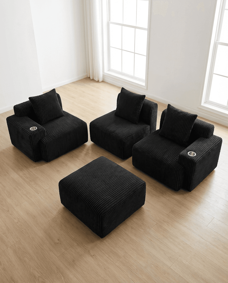 4-piece modular cloud sofa — left armrest, right armrest, middle, ottoman