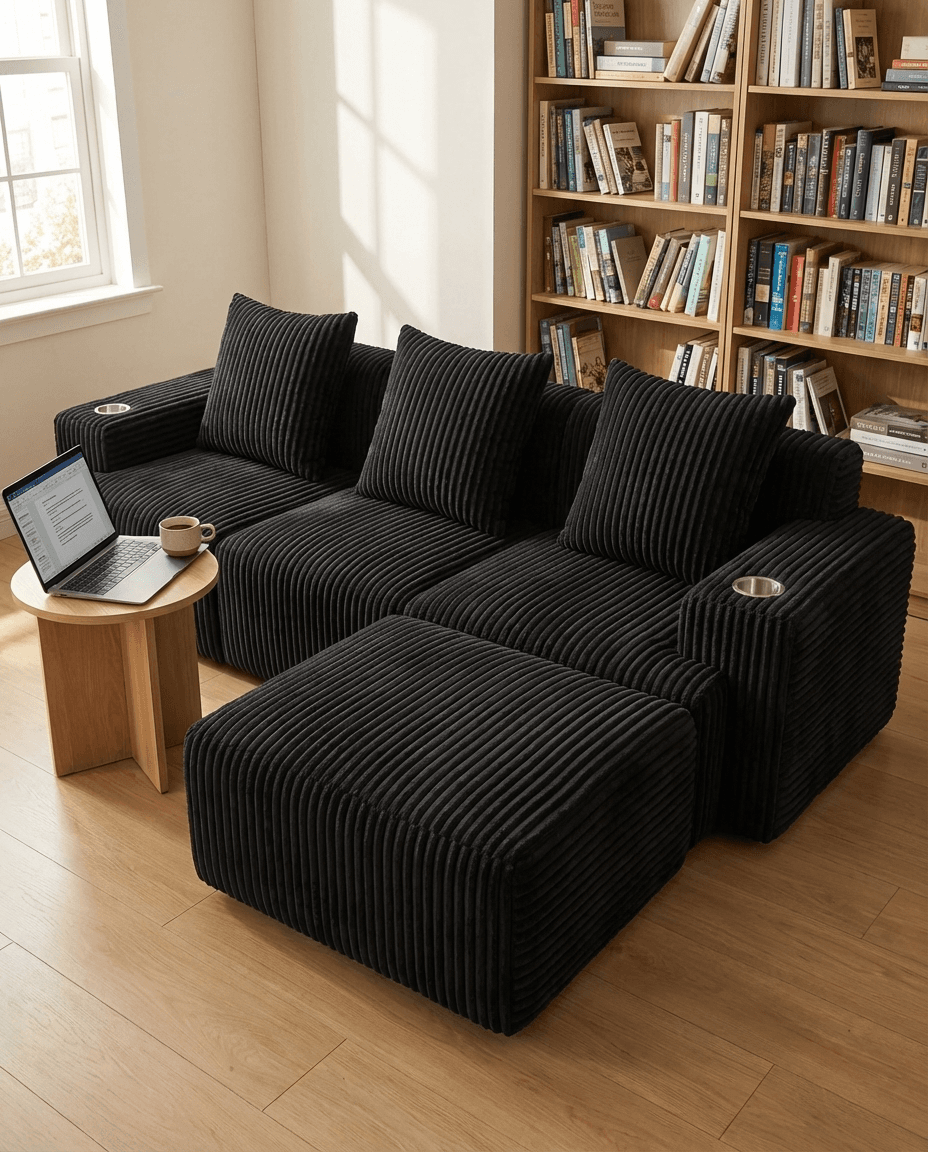 Cloud sofa in a cozy student room with bookshelf