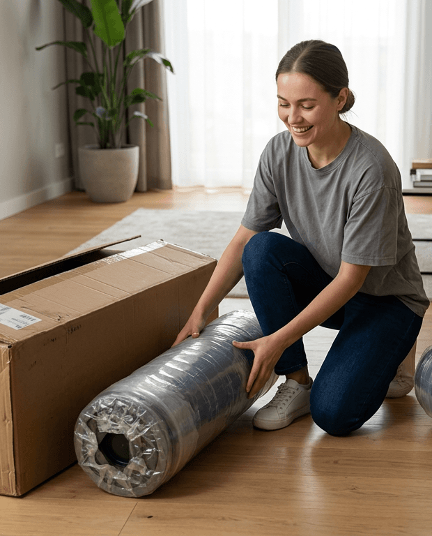 Person unboxing vacuum-sealed sofa from packaging